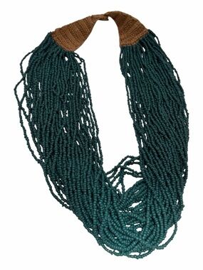 Vintage Konyak Naga Teal Seed Bead Necklace Crochet-Button Closure